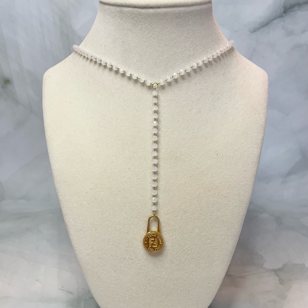 Upcycled Gold Zipper Pull Opal Beaded Lariat Necklace